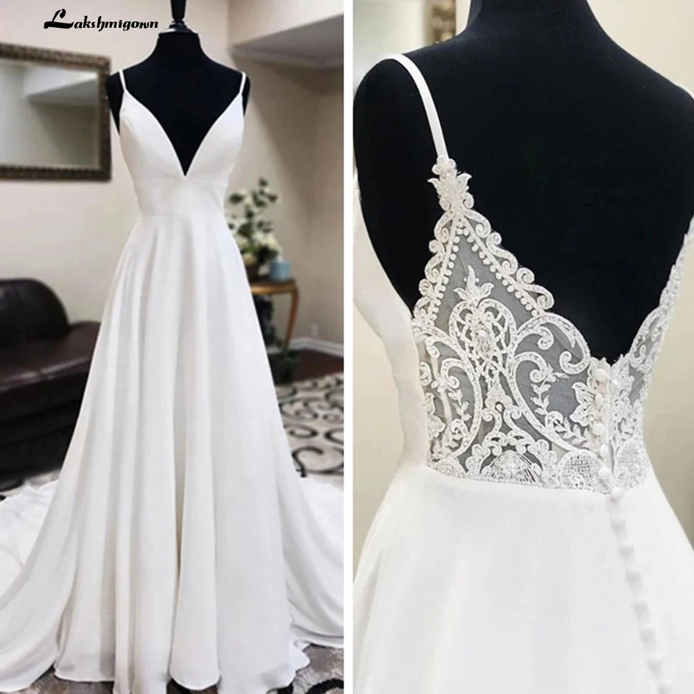 Elegant White Crepe Satin Spaghetti Strap A Line Wedding Dress