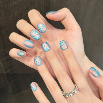 Uñas postizas de gel acrílico artificiales de alta calidad, color azul océano Y2K, redondas y cortas, 10 unidades, hechas a mano, con logotipo personalizado. 