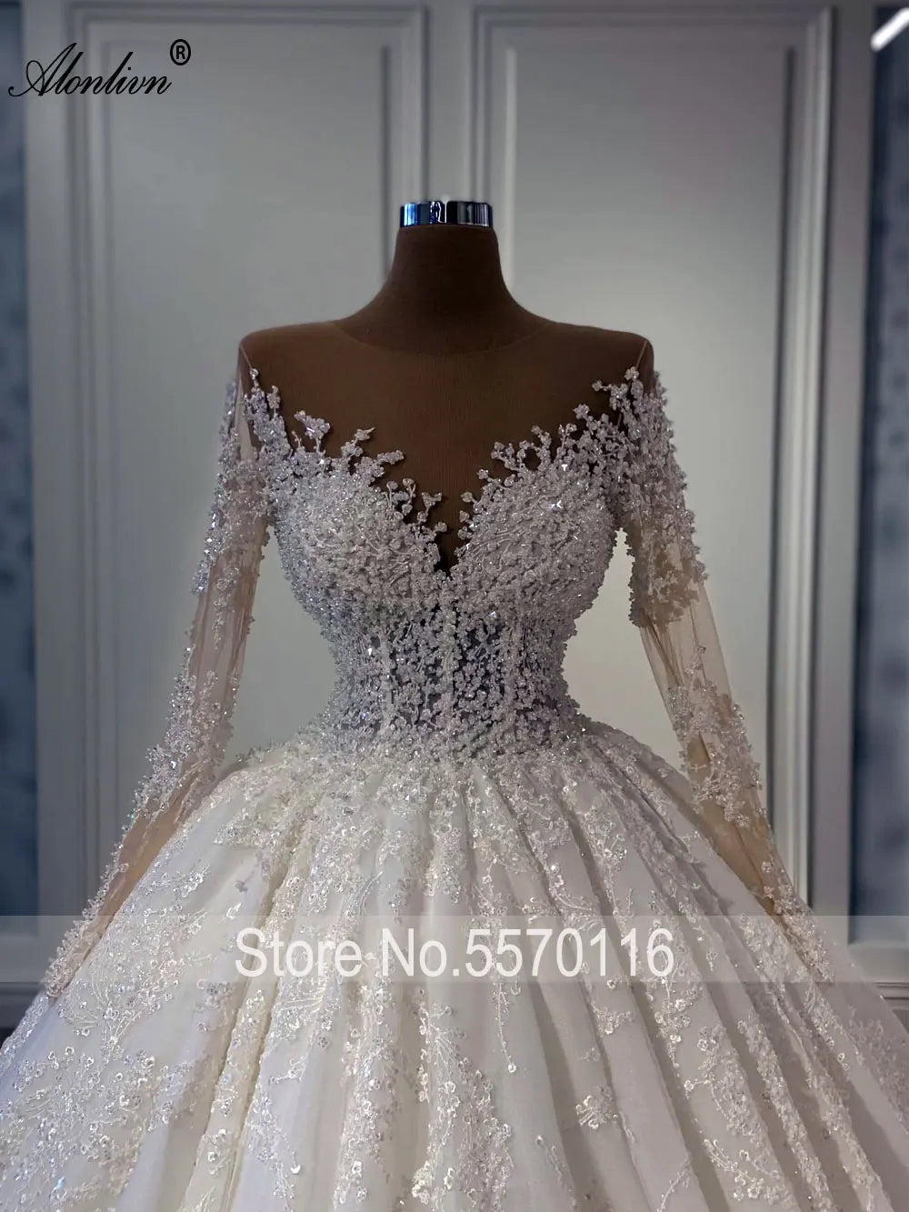 Alonlivn Elegant A Line Full Sleeve Lace Bridal Wedding Dress Pearls