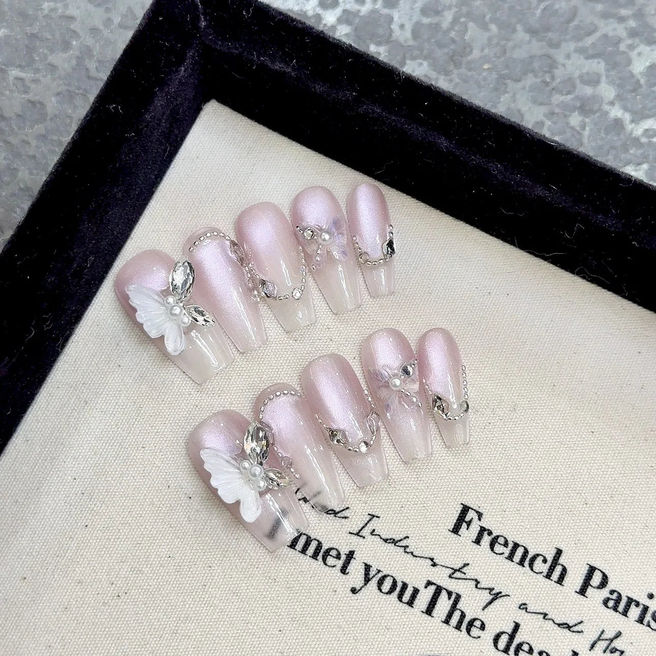 High Quality Full Cover ABS Reusable Press on Nails Glitter Luxury butterfly Rhinestones Stick on Nails
