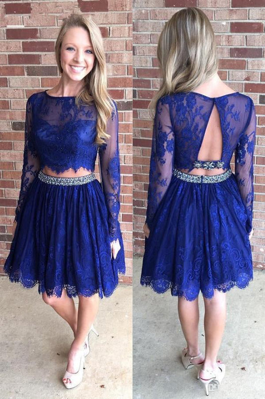 Royal Blue A-line Long Sleeve Short Prom Dresses, Backless Homecoming Dress