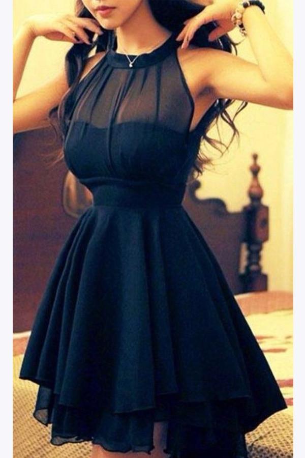 Vestidos de fiesta cortos de gasa azul marino para niñas, vestido de fiesta con cuello halter 