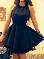 Abiti corti da cerimonia in chiffon blu navy per ragazze, abito da festa con collo all'americana