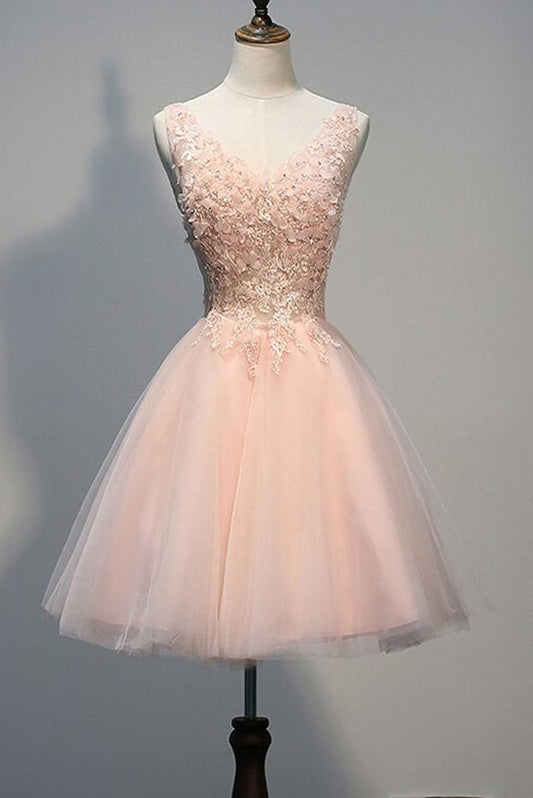 Pink Tulle Short Open Back Homecoming Dresses with Pearl Appliques