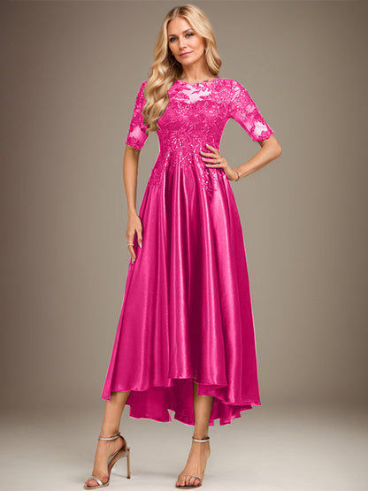 A-Linie, U-Ausschnitt, Illusion, asymmetrisch, Stretch-Satin, Spitze, Kleid für die Brautmutter mit Pailletten 