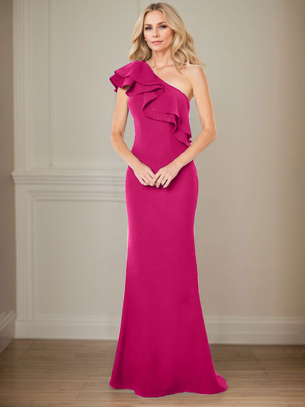 Robe de mère de la mariée en mousseline, longueur au sol, coupe en A, à une épaule avec volants
