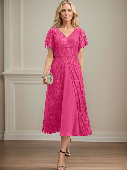 A-Linie V-Ausschnitt Wadenlanges Chiffon-Kleid für die Brautmutter 
