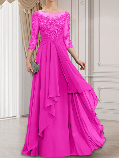 A-Linie, U-Ausschnitt, Illusion, bodenlanges Chiffon-Kleid für die Brautmutter mit kaskadierenden Rüschen