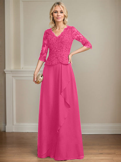 Vestido de madre de la novia de gasa con encaje, escote en V, largo hasta el suelo, con volantes en cascada y lentejuelas 