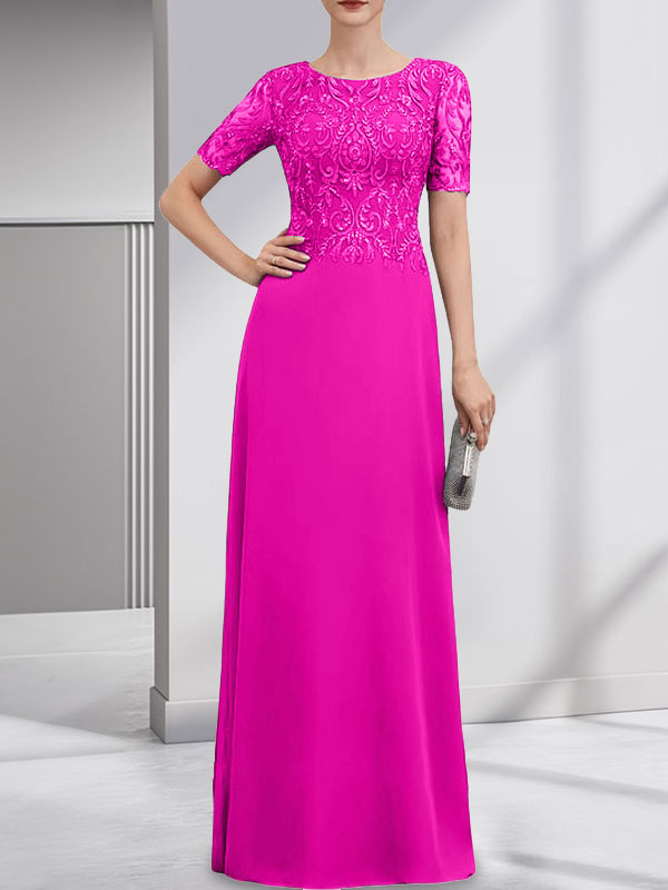 Robe de mère de la mariée en dentelle et mousseline, longueur au sol, en ligne A, décolleté en U, ornée de paillettes