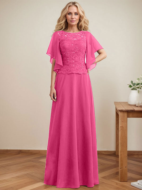 A-Linie, U-Ausschnitt, Illusion, bodenlanges Spitzen-Chiffon-Kleid für die Brautmutter mit Pailletten 