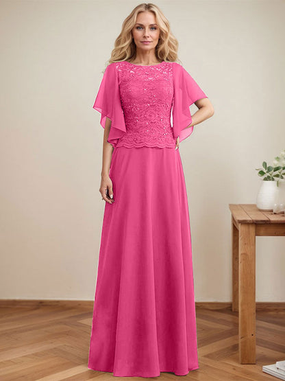 A-Linie, U-Ausschnitt, Illusion, bodenlanges Spitzen-Chiffon-Kleid für die Brautmutter mit Pailletten 
