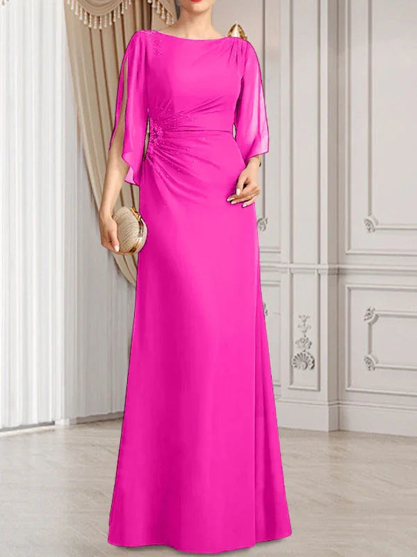 Vestido de madrina de novia de gasa largo hasta el suelo con corte columna y fajín plisado con cuentas