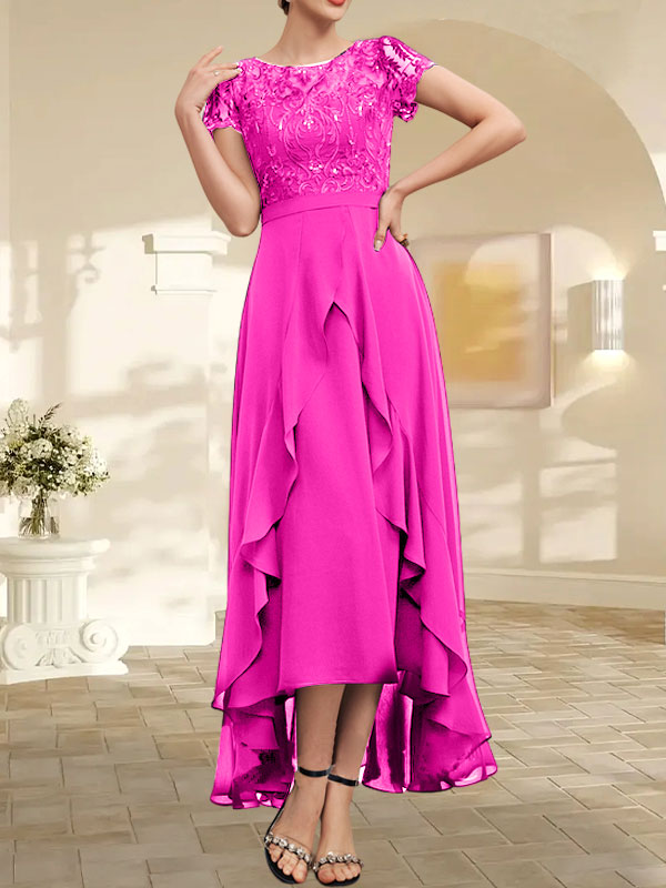 Robe de mère de la mariée en mousseline et dentelle asymétrique illusion à encolure dégagée, coupe en A, avec nœud, volants et paillettes