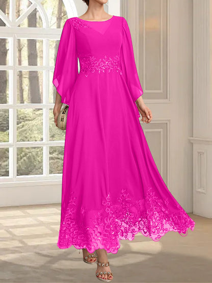 A-Linie, U-Ausschnitt, Illusion, knöchellang, Spitzen-Chiffon, Kleid für die Brautmutter mit Pailletten 