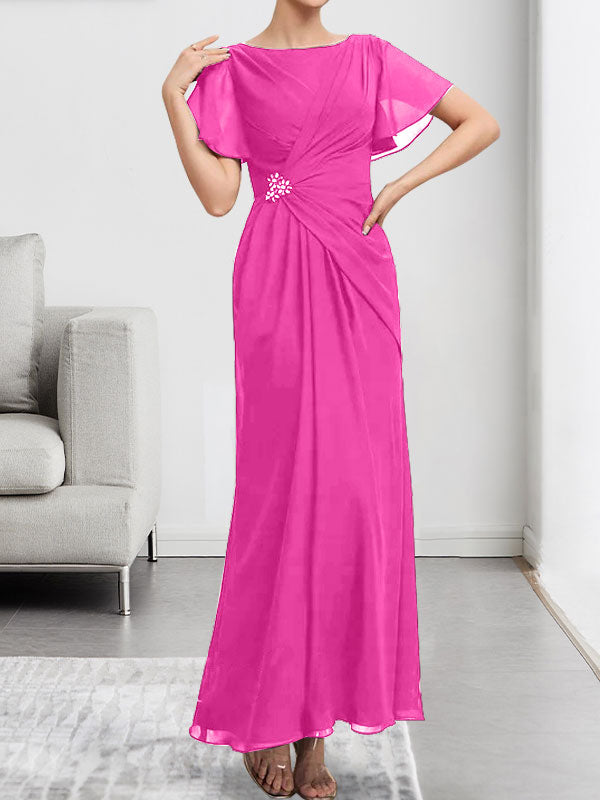 Robe de mère de la mariée en mousseline, longueur cheville, en ligne A, encolure dégagée, ornée de perles et plissée
