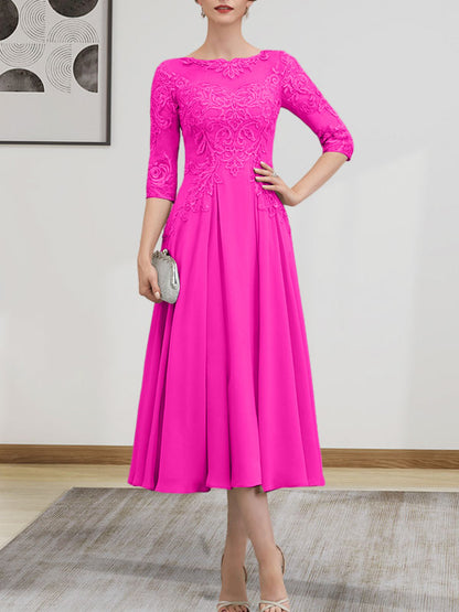 A-Linie, U-Ausschnitt, Illusion, knielang, Chiffon, Spitze, Kleid für die Brautmutter mit Perlen und Pailletten