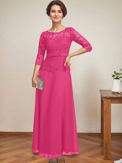 A-Linie, U-Ausschnitt, Illusion, knöchellang, Chiffon, Spitze, Kleid für die Brautmutter mit Strass-Perlen 