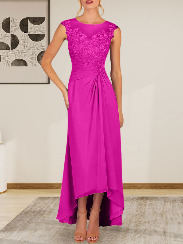 Champagne A-Line Scoop Lace Chiffon Dress