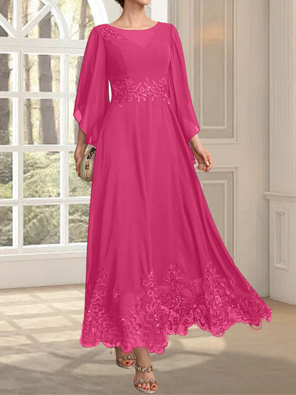 A-Linie, U-Ausschnitt, Illusion, knöchellang, Spitzen-Chiffon, Kleid für die Brautmutter mit Pailletten 