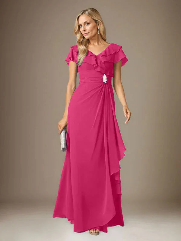 Vestido tormentoso de gasa con escote en V y fruncido en línea A