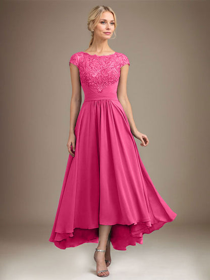 A-Linie U-Ausschnitt Illusion Asymmetrische Spitze Chiffon Mutter der Braut Kleid Mit Plissee 