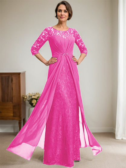 A-Linie U-Ausschnitt Illusion Bodenlang Spitzen Chiffon Mutter der Braut Kleid mit Perlenbesatz Rüschen 