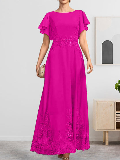 Vestido de gasa con encaje y lentejuelas para madre de la novia, corte A, escote redondo hasta los tobillos