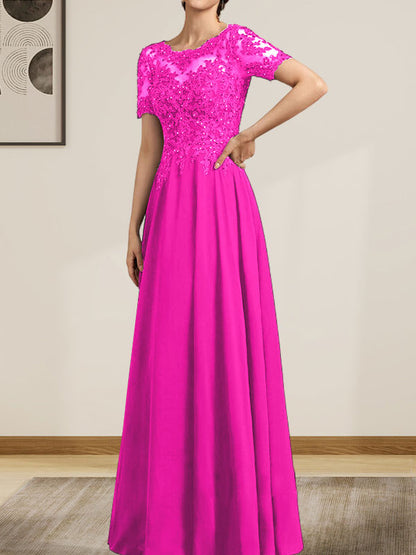 A-Linie U-Ausschnitt Illusion Bodenlang Chiffon Spitze Mutter der Braut Kleid mit Pailletten Perlen