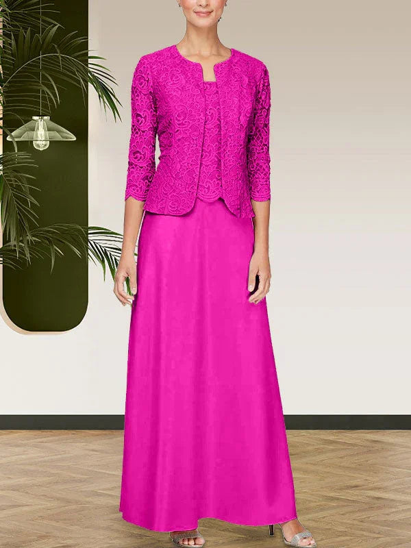 فستان مع جاكيت تنورة من الدانتيل اللامع والساتان مع جاكيت مفتوح