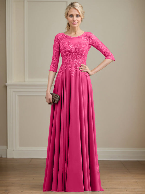 A-Linie, U-Ausschnitt, Illusion, bodenlanges Spitzen-Chiffon-Kleid für die Brautmutter mit Pailletten 