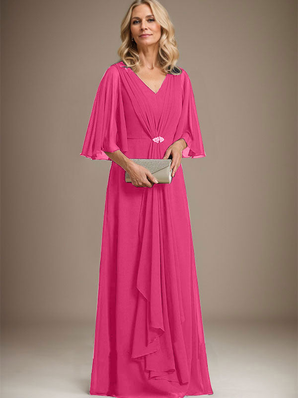 A-line V-Neck Floor-Length Chiffon Mother of the Bride Dress With Cascading Ruffles Crystal Brooch