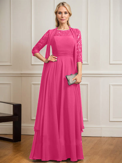 A-Linie U-Ausschnitt Illusion Bodenlang Spitze Chiffon Mutter der Braut Kleid Mit Plissee 