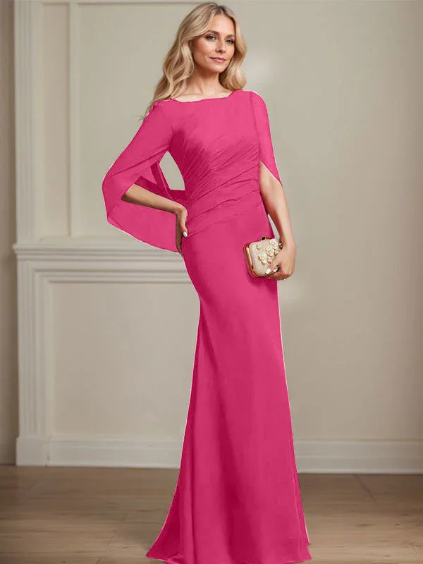 Vestido de madrina de novia de gasa con cuello barco estilo trompeta/cola de sirena y largo hasta el suelo con pliegues