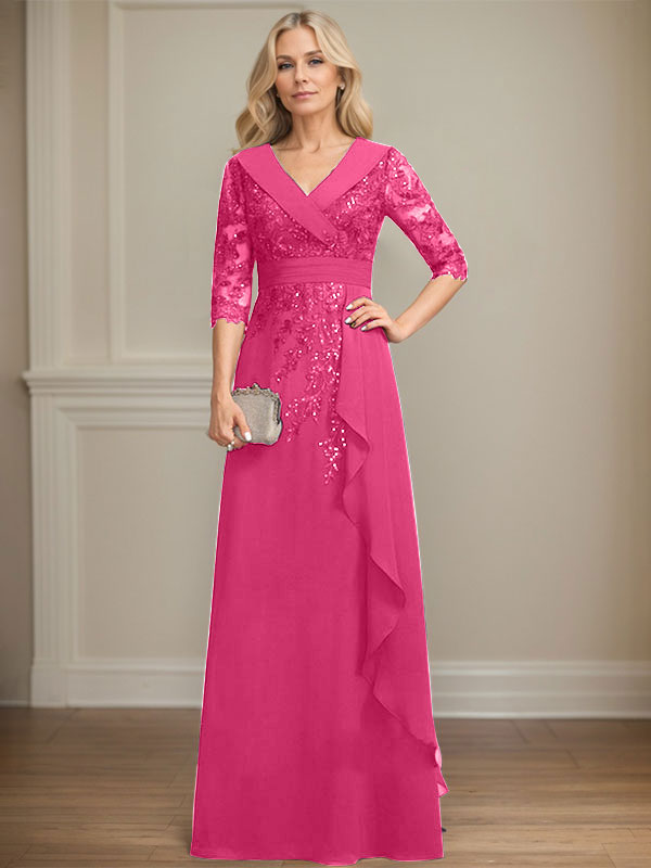 Robe de mère de la mariée en mousseline de soie à col en V, longueur au sol, ligne A, avec dentelle, paillettes et volants en cascade
