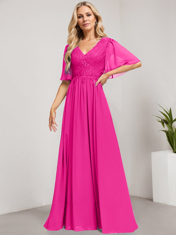 A-Linie V-Ausschnitt Bodenlanges Spitzen-Chiffon-Kleid für die Brautmutter mit Pailletten 