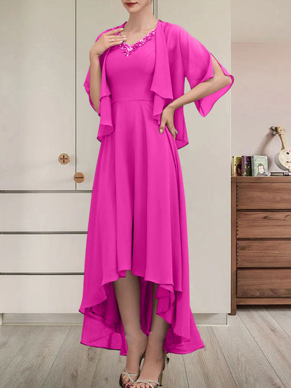 Vestido de gasa asimétrico para madre de la novia con escote en V, corte A y lentejuelas con abalorios