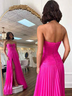 Stunning Yellow A Line Strapless Sweetheart Pleated Prom Dress High Slit Gown