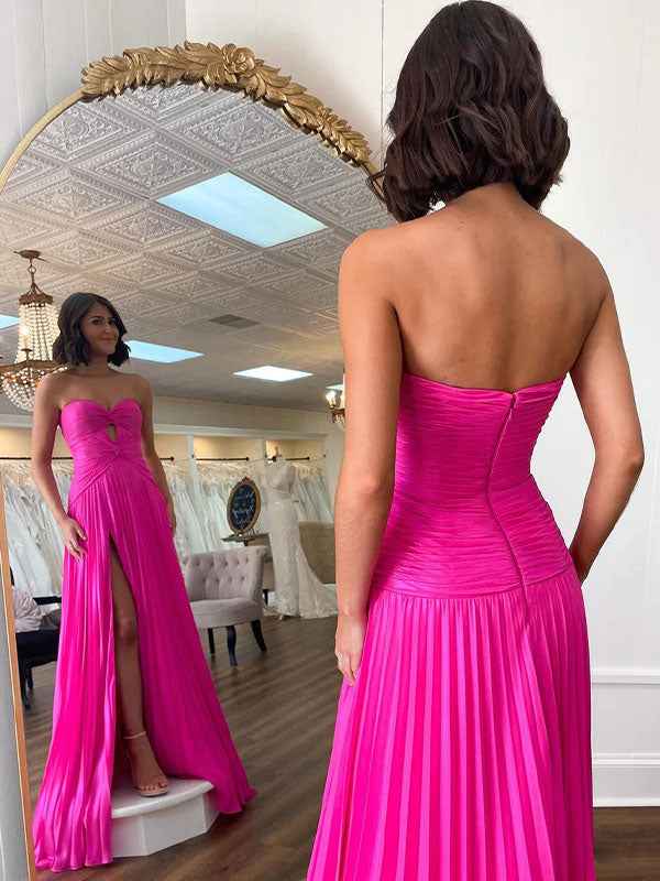 Stunning Yellow A Line Strapless Sweetheart Pleated Prom Dress High Slit Gown