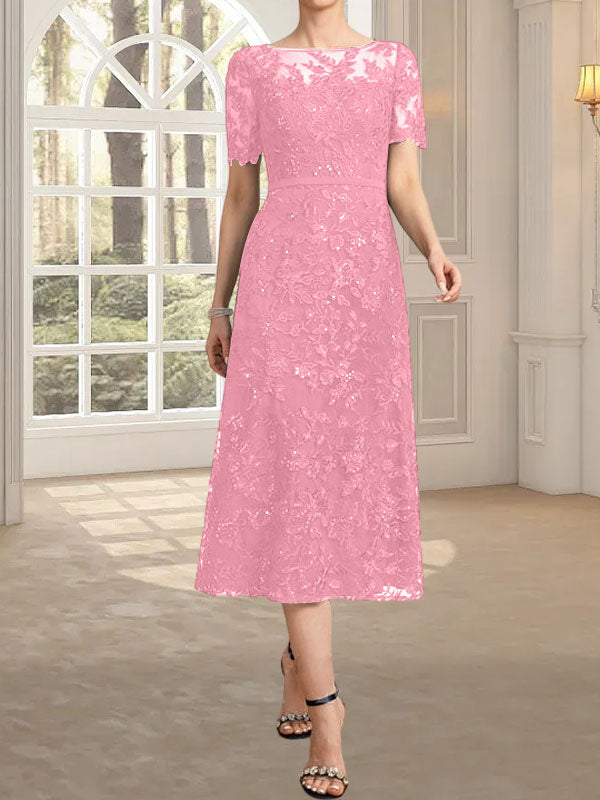 A-Linie, U-Ausschnitt, Illusion, knielang, Spitze, Kleid für die Brautmutter mit Pailletten