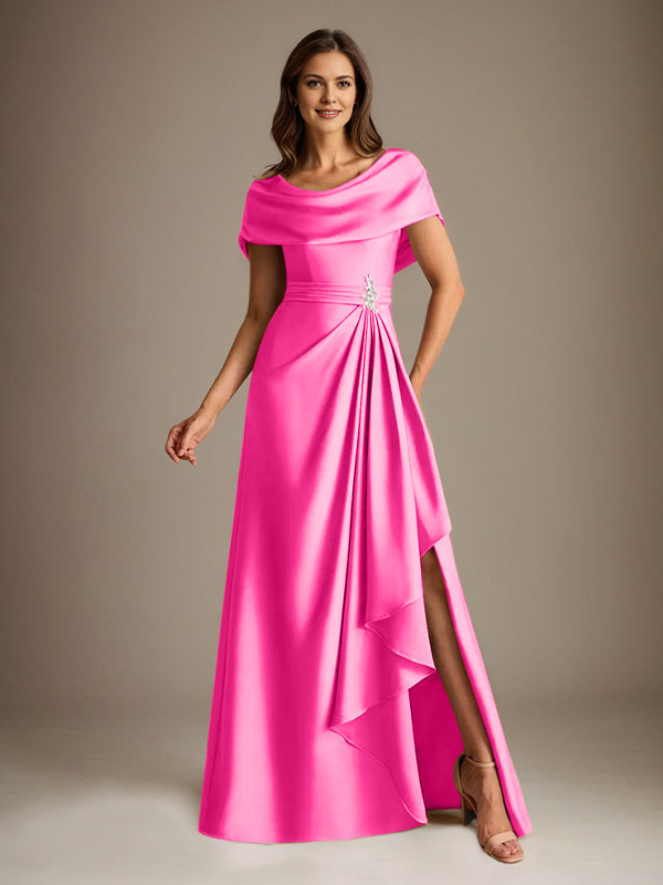 Robe de mère de la mariée en satin extensible, longueur au sol, coupe en A avec encolure dégagée et volants en cascade