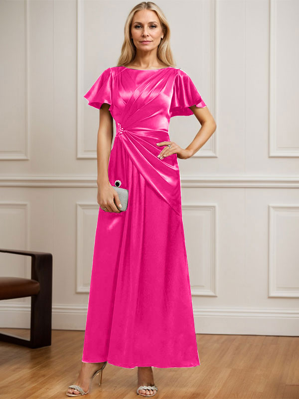Robe de mère de la mariée en satin extensible, longueur cheville, en ligne A, décolleté arrondi, ornée de perles plissées