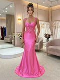 Hot Pink Floral Lace Applique Satin Sheer Corset Mermaid Prom Dress