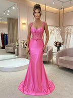 Hot Pink Floral Lace Applique Satin Sheer Corset Mermaid Prom Dress
