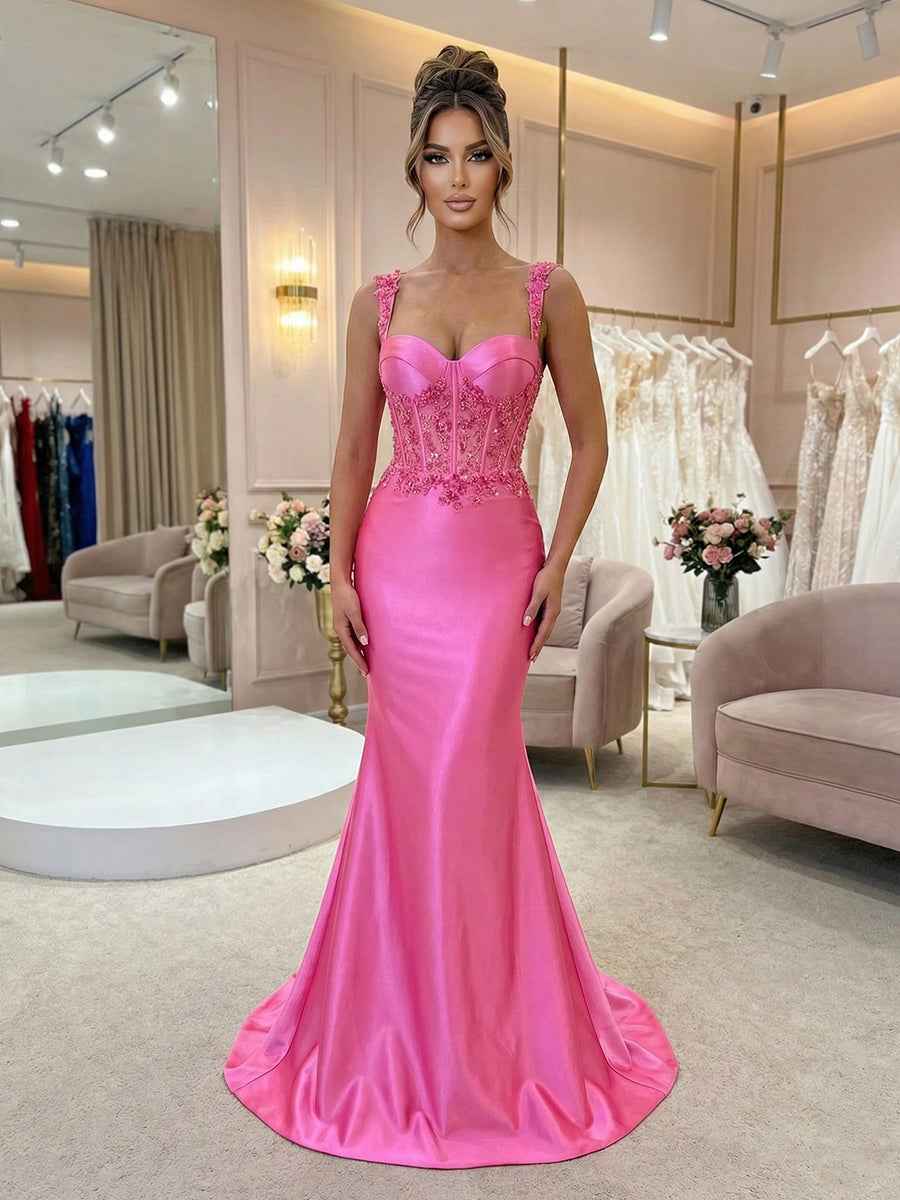 Hot Pink Floral Lace Applique Satin Sheer Corset Mermaid Prom Dress