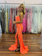 Orange Strapless Mermaid Prom Dress With Beads And Laceup Back