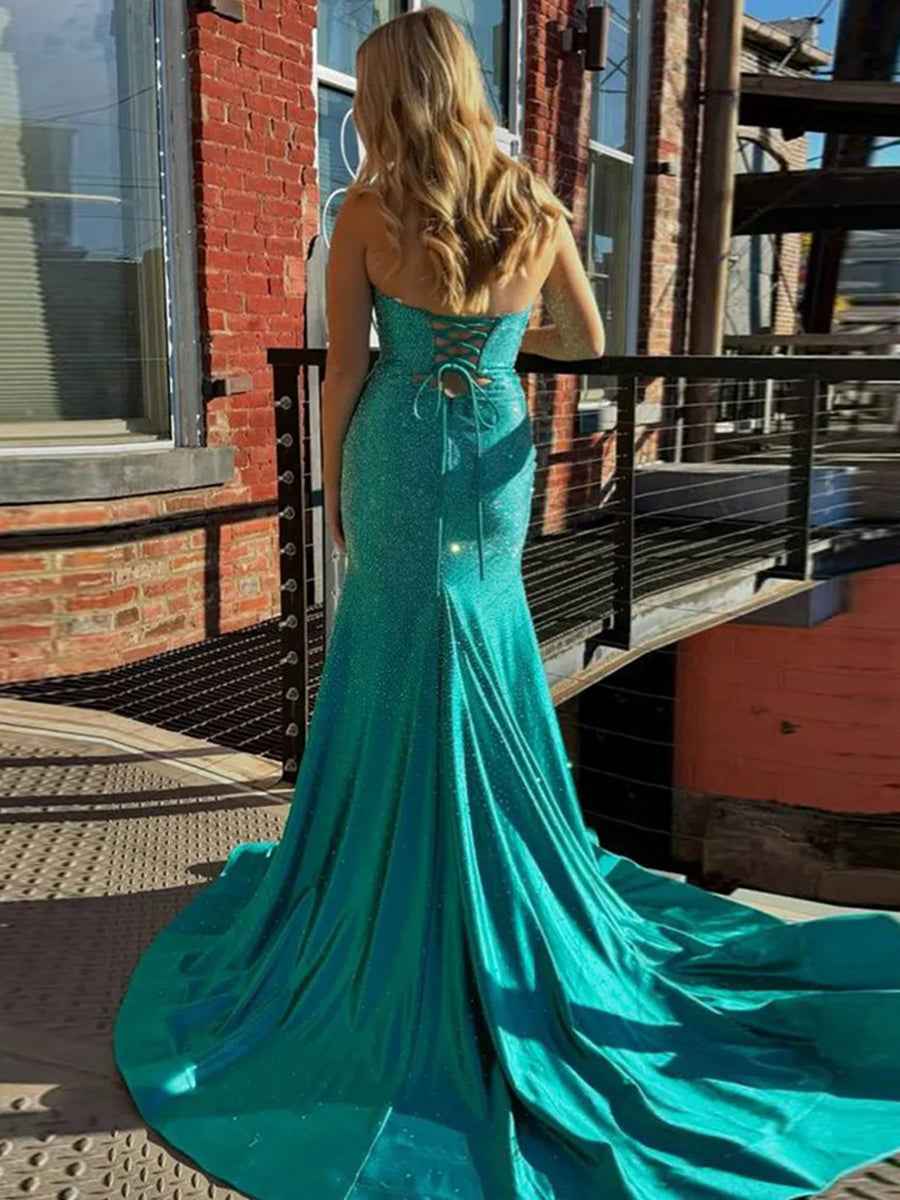 Hot Pink Mermaid Strapless Prom Dress Beaded With Lace Up Back
