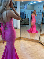 Hot Pink Mermaid Strapless Prom Dress Beaded With Lace Up Back