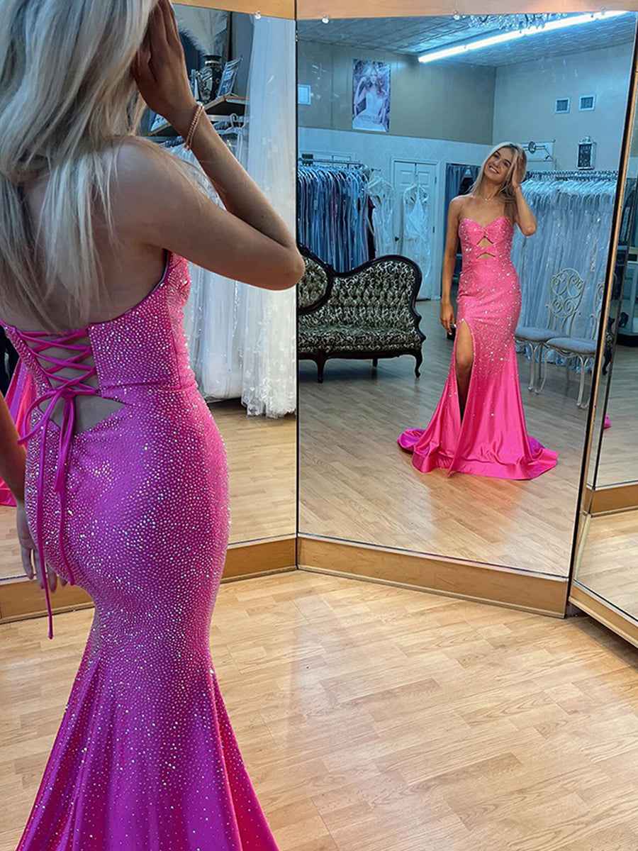 Hot Pink Mermaid Strapless Prom Dress Beaded With Lace Up Back