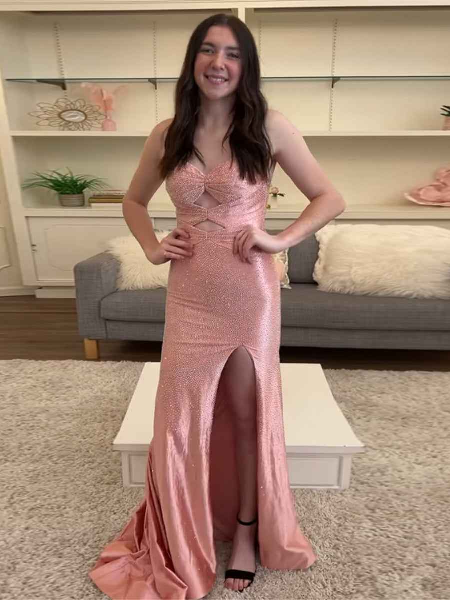 Hot Pink Mermaid Strapless Prom Dress Beaded With Lace Up Back